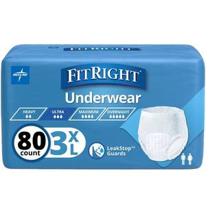 lot 17028 image: Medline FitRight Adult Incontinence Underwear, Heavy Absorbency, 3X-Large, 75-94 Waist (20 Count, 4 Pack)