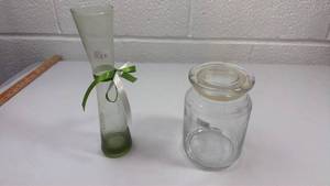 lot 168 image: Glass Storage Jar with Lid and Green Vase Set