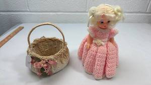 lot 175 image: Decorative Doll with Pink Crochet Dress and Lace Basket Set