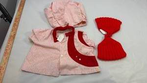 lot 40 image: Red and White Striped Baby Dress Set with Knit Mittens