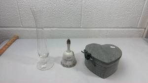 lot 45 image: Anniversary Decorative Set - Glass Flute and Bell with Heart Boxes