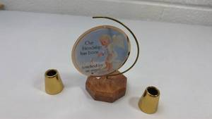 lot 51 image: Angel Friendship Message Display with Wooden Base and two gold tone candlesticks
