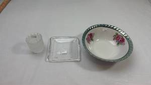 lot 54 image: Pink Rose Pattern China Bowl with Clear Glass Items