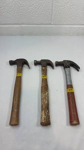 lot 57 image: Set of 3 Claw Hammers with Wooden Handles