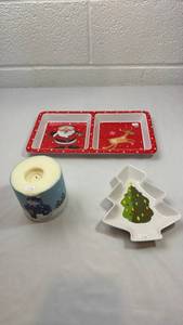 lot 207 image: Christmas Holiday Decor Set - Santa Serving Tray, Tree Dish & Snowman Candle