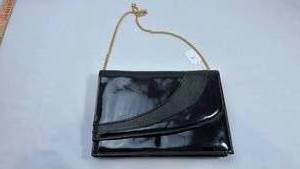 lot 227 image: Black Patent Leather Clutch with Gold Chain
