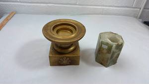 lot 228 image: Decorative Gold Pillar Candle Holder with Candle