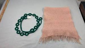 lot 247 image: Handmade Pink Scarf and Green Circle Trim Set