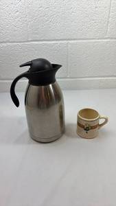 lot 268 image: Stainless Steel Coffee Carafe with Bird Motif Mug