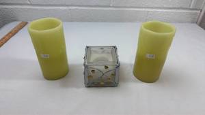 lot 271 image: Yellow Flameless LED Candles and Heart Design Votive Holder Set