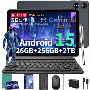 2026 10 Inch Tablet, Android 15 Tablet with Keyboard, 26GB RAM + 256GB ROM (2TB Expand), Tablets PC with 8-Core, Gemini AI, 5G WiFi, 8000mAh, BT5.0,GPS, 2-in-1 Tablets with Mouse, Case, Stylus (Green) - Retail: $120