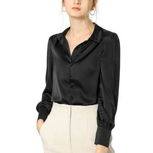 lot 27702 image: INSPIRE CHIC Women s Button Up Shirts Puff Long Sleeves Vintage Satin Work Blouse L Black
