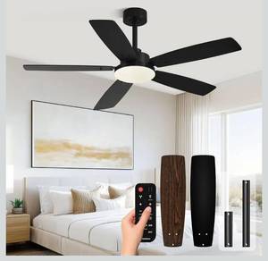 lot 6104 image: Modern 52 Inch Ceiling Fans with Lights and Remote for Bedroom Living Room Kitchen Home Office Indoor Outdoor, 3CCT Dimmable, Dual Color 5 Blades 6 Speed Reversible Quiet DC Motor, BlackWood Grain