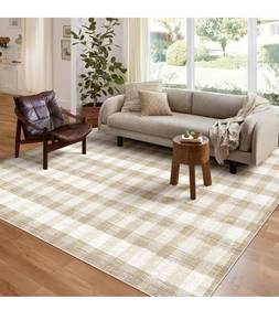 lot 6168 image: Checkered Area Rug 5x7, Washable Rugs for Living Room, Modern Neutral Non Slip Indoor Carpet