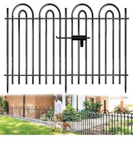 lot 6177 image: 10 Panels Garden Tube Fence with Gate, 42in(H) x 21.6ft(L) Tall No Dig Fence Animal Barrier, Heavy Duty Metal Decorative Garden Edging Border, Ground Defense Temporary Fencing for Outdoor Yard, Black