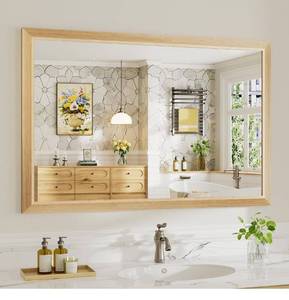 lot 6178 image: 48x32 Inch Bathroom Mirror for Wall, Anti-Rust Oak Wood Grain Metal Framed Bathroom Mirrors