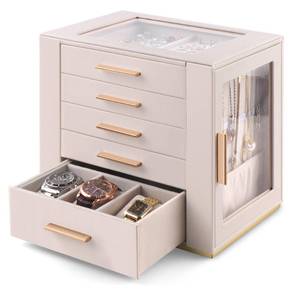 lot 6209 image: Homeanda Jewelry Box for Women with Glass Lid, 5 Drawers Jewelry Organizer and Storage for Necklaces, Rings, Earrings, Bracelets, Gift for Girls and Teens,PU Leather (Beige)