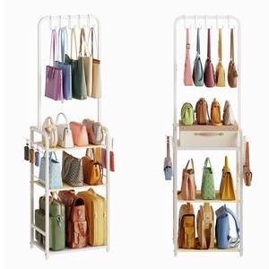 lot 6212 image: Tall Purse Organizer for Closet with 5 Purse Hanger & 6 Side Hooks, 4 Tier Floor-Standing Purse Rack Stand for Purse Storage, Narrow & High-Capacity Handbag Organizer, Backpack Storage for Small Place