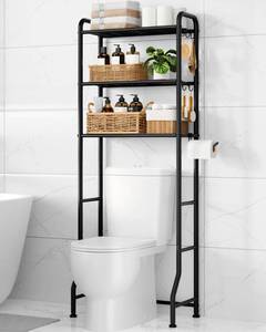 lot 6215 image: Kitsure Over Toilet Storage Rack - Metal Over Toilet Bathroom Organizer Shelf, Over the Toilet Storage Cabinet with Paper Holder and Hooks, Bathroom Cabinet for Laundry, Black, 3 Tiers (63.2 H)