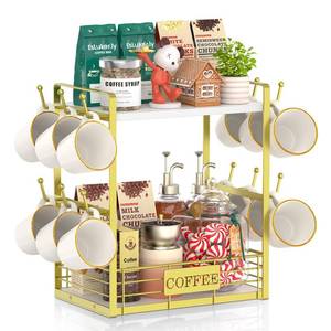 lot 6216 image: EsLuker.ly Coffee Mug Cup Holder Tree Bar Station Organizer, 2 Tier Mug Stand Rack for Countertop Kitchen, Storage Tower Display Shelf with 12 Hooks, Coffee Nook Enhancer, White-Gold