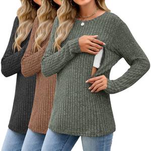 lot 6227 image: Sweetyweee 3 Pack Womens Nursing Tops Breastfeeding Shirts Long Sleeve Maternity Ribbed Sweaters with Hidden Zipper(Black, Coffee, Army Green,Large)