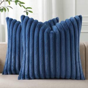 lot 6244 image: Pallene Faux Fur Plush Throw Pillow Covers 18x18 Set of 2, Luxury Soft Fluffy Striped Decorative Pillow Covers for Sofa, Couch, Living Room, Navy Blue