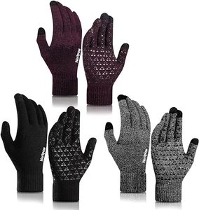 lot 6264 image: Nertpow Winter Gloves Touchscreen Gloves 3 Packs, Gloves for Men Knit Anti-slip, Gloves for Women with Warm Fleece Lined(Black&Black_White&Rose_Red_Black-L)