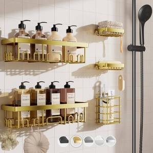 lot 6275 image: Veken Adhesive Shower Caddy 5-Pack,Heavy Weight Bearing,Large Wall Mounted Shower Shelves Rack,Organizer Storage Accessories with Soap Dish&Toothbrush Holder,Ideal for Bathroom,Home&Kitchen,Gold