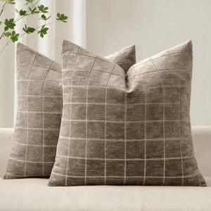 lot 6318 image: MIULEE Decorative Chenille Check Throw Pillow Covers Vintage Plaid Couch Pillows 20x20 Inch Set of 2 Neutral Boho Farmhouse Cushion Covers Modern Spring Home Decor for Sofa Bed Living Room Taupe Grey