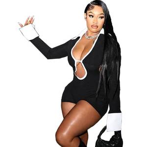 lot 6340 image: Molilove Womens Sexy Deep V Hollow Out Shirt Collar Long Sleeve Backless Strap Tight Jumpsuit Shorts Clubwear