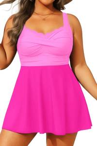 lot 6343 image: Aqua Eve Plus Size Swim Dress - Two Piece Tankini Tummy Control Bathing Suit with Shorts 2025 Swimsuit Pink 14W