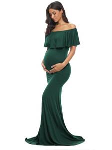 lot 6344 image: Glampunch Womens Off Shoulder Maternity Dress Ruffles Elegant Slim Gowns Fit Maxi Photography Dress Hunter Green Large