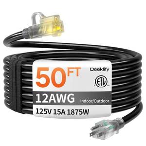 lot 6350 image: 12 Gauge 50 FT Heavy Duty Outdoor Extension Cord Waterproof with Lighted End,Black 12 Gauge Extension Cord Flexible and Cold Resistant 3 Prong Grounded Plug,15Amp 1875W SJTW ETL Listed