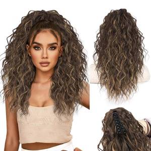 lot 6357 image: Stamped Glorious Ponytail Extension 18 Curly Wavy Pony Tail Claw Multi Layered Clip on Ponytail Extension Fluffy Natural Looking Synthetic Hair Piece for Women(Chocolate Brown with Caramel Blonde)