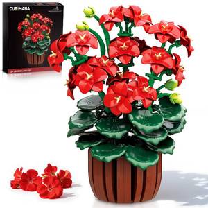 lot 6386 image: CUBIMANA Flowers Geranium Botanicals Building Set - Artificial Bonsai Plants for Home Office Decor Display 548PCS Geranium Flowers Pot Building Blocks for Adults Women Age 12 Gift for Easter