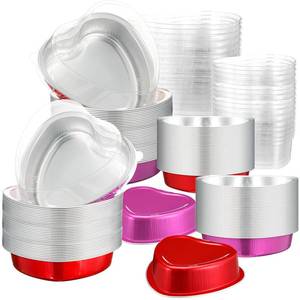 lot 6400 image: FillTouch 100 Pcs Valentines Heart Mini Cake Pans with Lids 3.4 oz 9 oz Foil Aluminum Disposable Baking Cups Heart Shaped Cake Pan Mini Flan Molds for Wedding Birthday Party(Red, Rose Red)