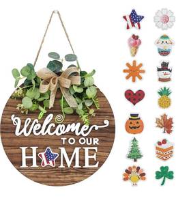 lot 6412 image: Interchangeable Seasonal Welcome Sign Front Door Decoration, Rustic Round Wood Wreaths Wall Hanging Outdoor, Farmhouse, Porch