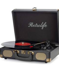 lot 6420 image: Vinyl Record Player 3-Speed Bluetooth Suitcase Portable Belt-Driven Record Player with Built-in Speakers RCA Line Out AUX in Headphone Jack Vintage Turntable