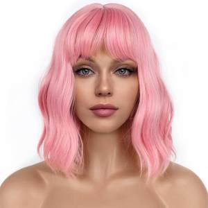 lot 6451 image: LANCAINI Pastel Bob Wigs with Bangs for Women Loose Wavy Wig Pastel Wavy Shoulder Length Bob Synthetic Cosplay Wig for Girl Colorful Costume Wigs (Pink)