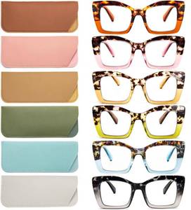 lot 6464 image: REAVEE 6 Pack Oversized Square Reading Glasses Oprah Style for Women, Blue Light Blocking Thick Large Frame Computer Designer Fashion Readers Spring Hinge with Leather Case,1.5