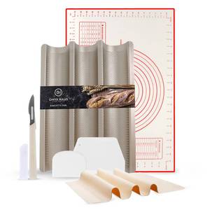 lot 6479 image: Onyx Haus French Bread Kit - Baguette Pan for Baking, Silicone Baking Mat, Dough Cutter and Scraper, Bread Lame Cutter, & Bakers Couche Proofing Cloth - Nonstick Bread Pans for Homemade Bread Gift Set