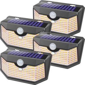 lot 6555 image: HMCITY 120 LED Outdoor Solar Lights- with Motion Sensor and 3 Lighting Modes, IP65 Waterproof Wide Solar Wall Lights Ideal for Garden Patio Yard (Front Button 4Packs, Black Shell-Warm White)