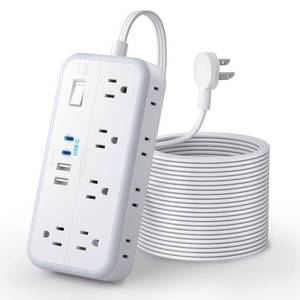 lot 6557 image: Flat Extension Cord 25 FT, NTONPOWER Long Surge Protector Power Strip, 10 Outlets 4 USB Ports (2 USB C), 3 Side 3 Prong & 2 Prong, 2700J, Overload Protection, Flat Plug Wall Mount, White, SurgePro