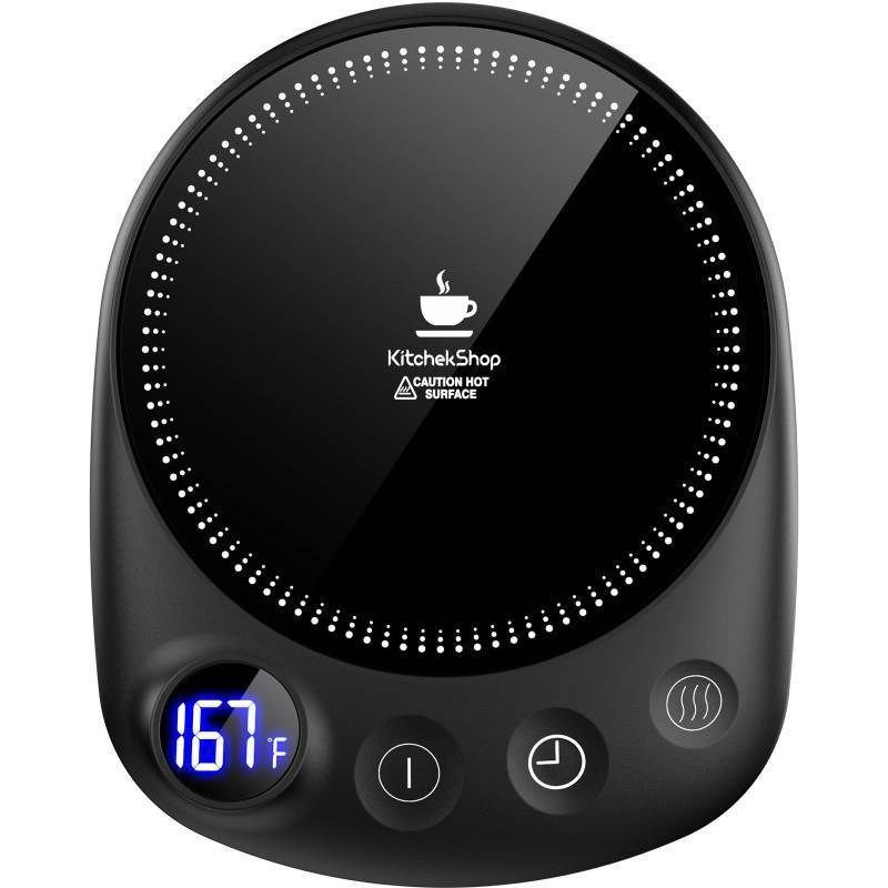 lot 1118 image: KitchekShop Coffee Mug Warmer - Fastest Heating & Highest Temperature, Coffee Cup Warmer for Desk Auto Shut Off, 4 Temp Settings & 1-12H Timer, Smart Electric Beverage Warmer for Coffee, Tea (Black) Retail $23.99