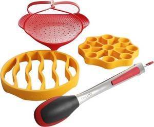 lot 1061 image: 4-Piece Pressure Cooker Accessories Starter Kit �� Includes Silicone Steamer Basket, Egg Rack, Stainless Steel Tongs & Steamer Rack �� Compatible with Electric Pressure Cookers - Retail $56