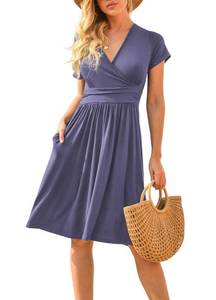 lot 1064 image: LILBETTER Womens Summer Casual Short Sleeve V-Neck Short Party Dress with Pockets Purple Grey Large - Retail $46,234
