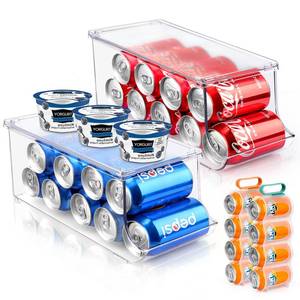 lot 1125 image: Refrigerator Organizer Bins, Soda Can Organizers, Stacking Drink Dispenser Holders Storage with Lids for Pantry, Fridge, Freezer, Kitchen, Cabinets-Holds 9 Cans Each, BPA-Free, Clear Design, (4-Pack) - Retail $15