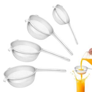 lot 1131 image: FRIUSATE 4 PCS Nylon Mesh Strainer for Kitchen, Fine Mesh Strainer With Plastic Handle (2.76, 4.72, 5.90, 7.09), Flour Sifter for Baking, 4 Size Sieves and Strainers for Kefir Tea Juice - Retail $15
