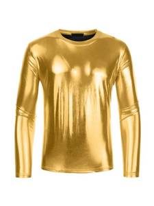 lot 1134 image: Lars Amadeus Mens Golden Metallic T-Shirt Round Neck Long Sleeves Shining Disco Tee Top Small - Retail $27