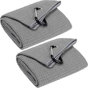 lot 1187 image: VIVIDLY 2 Pack 16 x 24 Tri-fold Golf Towels, Premium Microfiber Fabric Waffle Pattern with Gray Heavy Duty Carabiner Clip, Orange Golf Towels for Golf Bags for Men (Gray) - Retail $13